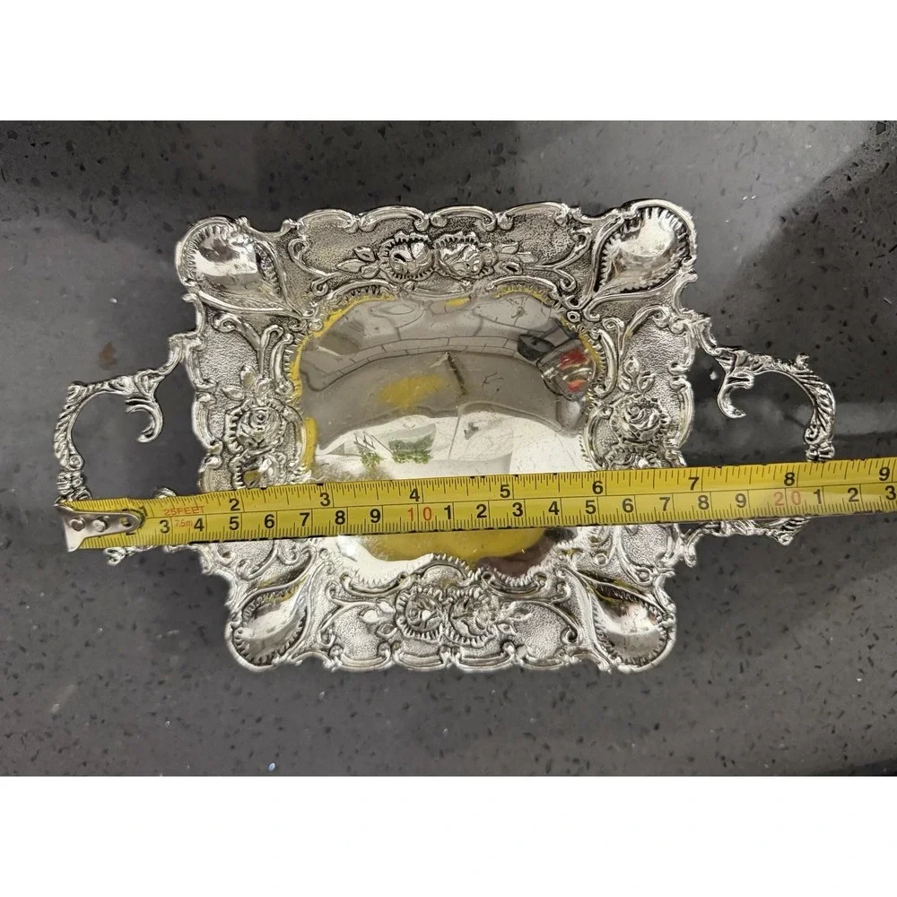 Vtg Silver Plated Tri-foot Footed Candy Dish / Tray Handles Roses